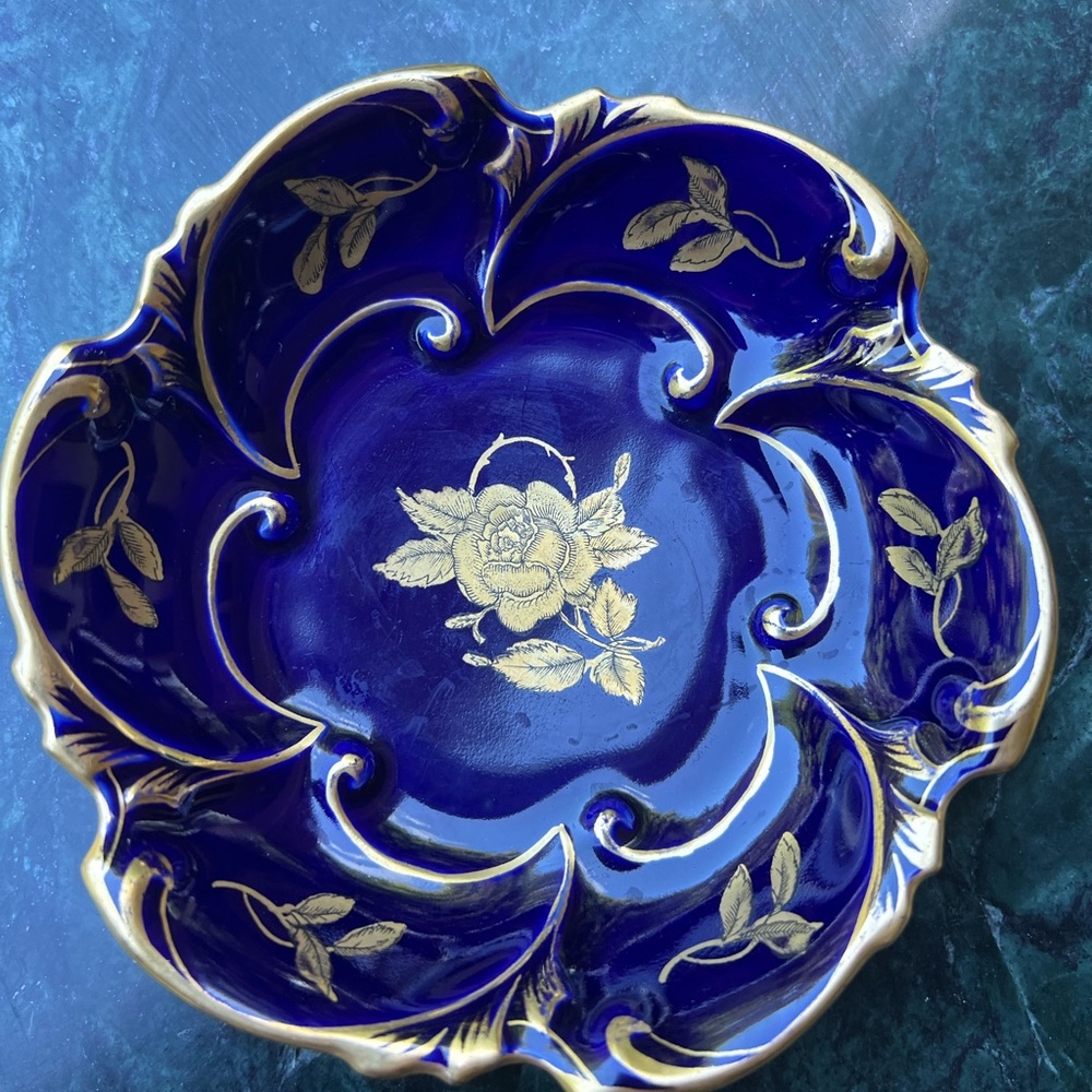 Vintage Jlmenau Graf Von Henneberg Porzellan Echt Kobalt Gold Blue Candy Dish